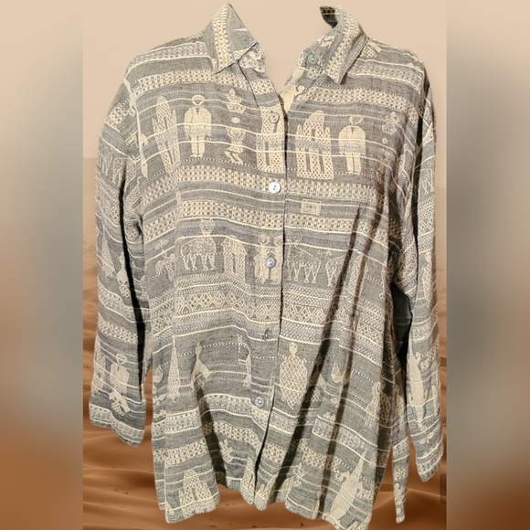 Chico's Tops - Chico's Vintage 100% Linen Tan /Gray Large Button-up Blouse
